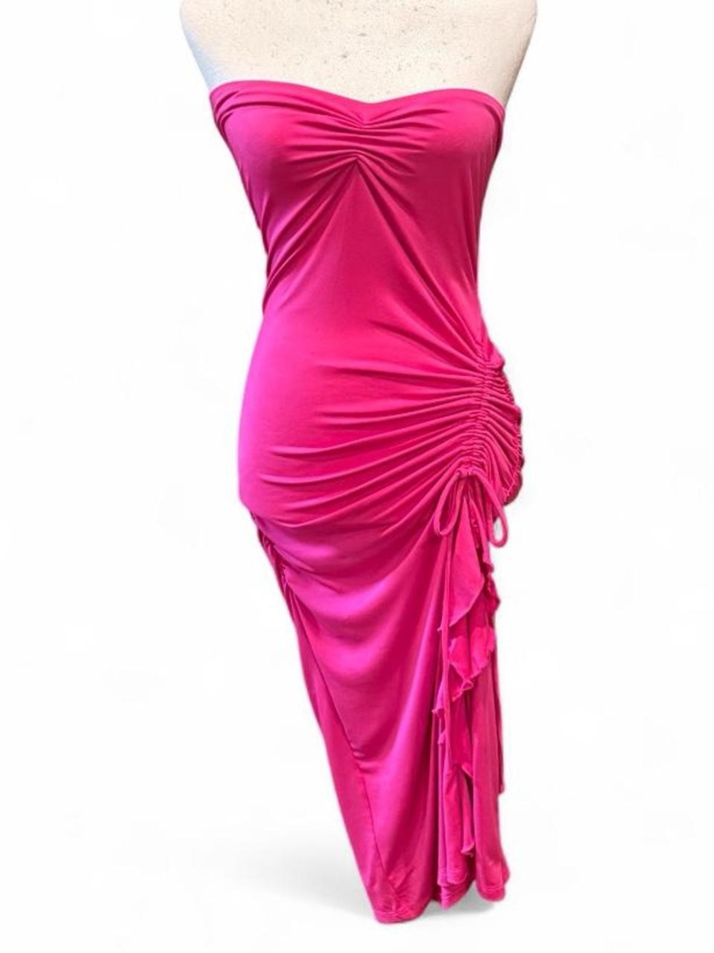 Haute Monde Strapless Hot Pink Ruched Side Midi Dress